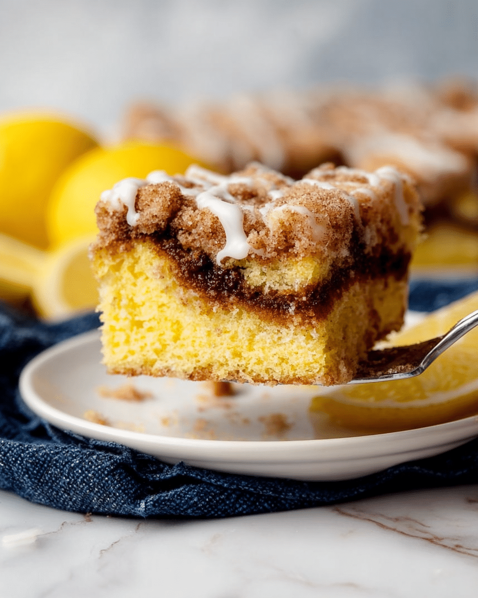 A close-up of a square piece of crumb cake on a white plate, showing three layers: the bottom layer is a soft yellow cake with a moist texture, the middle layer is a dark brown, slightly gooey cinnamon swirl, and the top layer is a thick, crumbly, light brown streusel with a drizzle of white icing. The white plate sits on a surface with a white marbled texture, with lemon slices and a dark blue cloth nearby. A silver utensil lifts the piece from the plate, holding it steady. Photo taken with an iphone --ar 4:5 --v 7