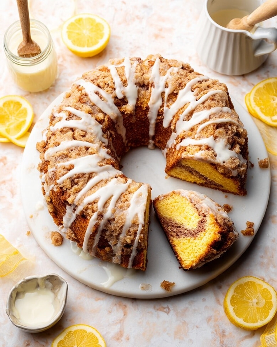 A round, two-layer bundt cake with a crumbly, light brown streusel topping that is drizzled with white icing in thin stripes across the top. The cake is placed on a white circular marble board. One slice and part of another are cut and separated to reveal the inside layers: a yellow moist cake base with a darker brown swirl of filling inside. Around the cake are thin slices of lemon, a small jar of white icing with a wooden dipper, a white bowl with a creamy white topping, and a white ceramic lemon juicer. The background is a white marbled texture. photo taken with an iphone --ar 4:5 --v 7
