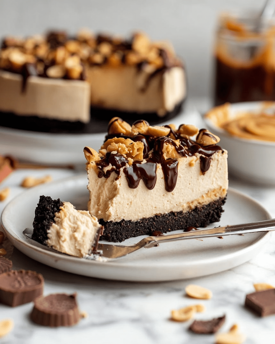 A slice of dessert with three layers sits on a white plate on a white marbled surface. The bottom layer is a dark brown, crumbly cookie crust. The middle layer is thick, creamy, and pale beige, smooth in texture. The top layer is covered with golden beige peanut butter chips and small peanut pieces, drizzled with dark, shiny chocolate sauce. Next to the slice is a knife with a bite of the dessert on it, showing the creamy layer and a little chocolate drip. In the background, there is a blurred larger dessert, a bowl of peanut butter, and a jar of chocolate sauce. Some peanut butter cups and peanut pieces scatter on the surface. Photo taken with an iphone --ar 4:5 --v 7