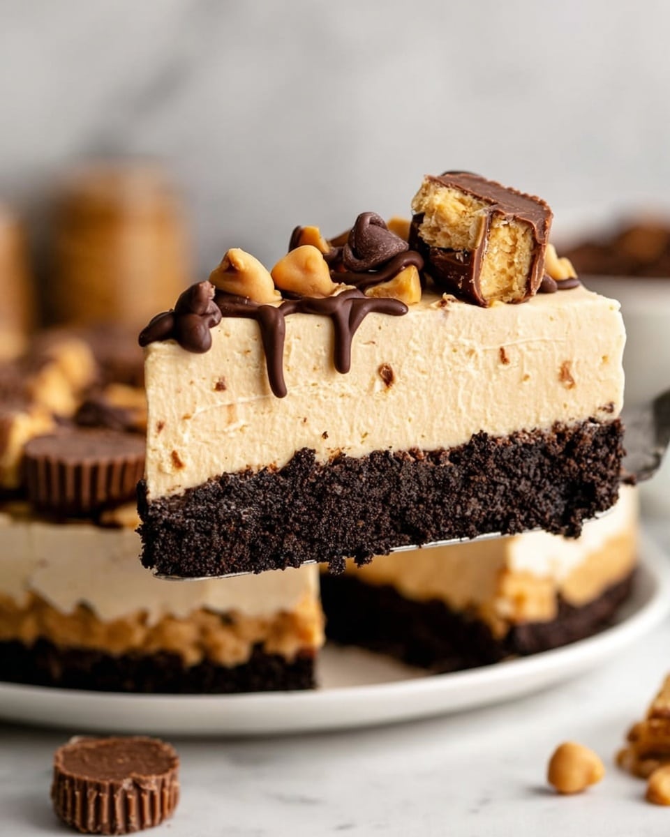 The image shows a close-up slice of a two-layer dessert with a thick dark brown crumbly base and a smooth, creamy light tan middle layer. On top, there are small chocolate peanut butter cups, light brown peanut butter chips, and chocolate drizzle adding texture and color contrast. The slice is held above a white plate with more parts of the dessert and snack pieces in the blurred background, all set on a white marbled surface. photo taken with an iphone --ar 4:5 --v 7