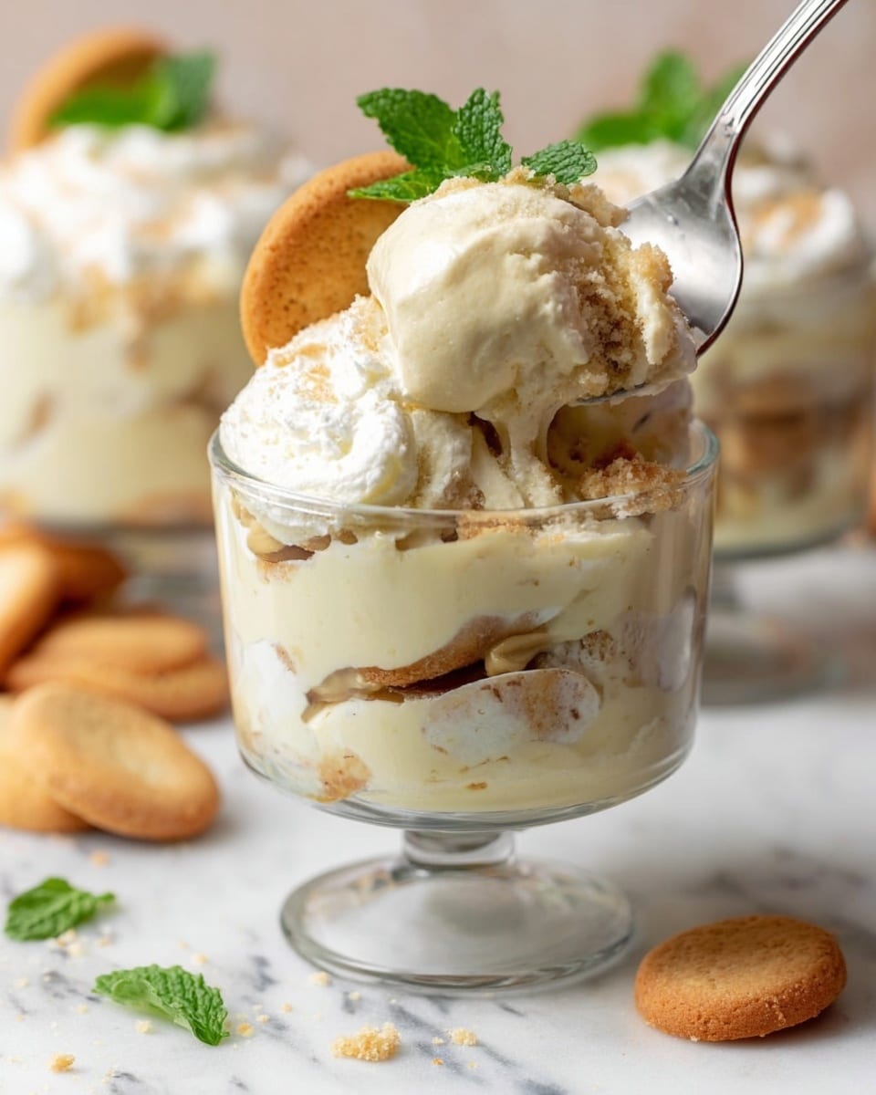 A glass dessert cup filled with layered creamy pudding and soft, light brown cookies soaked in the mixture, topped with a thick layer of whipped cream that looks smooth and fluffy with a cookie and fresh green mint leaf placed on top; a spoon lifting a scoop from the front cup reveals the dessert’s soft and creamy texture with bits of cookies inside, all set on a white marbled surface with additional cookie and mint leaf pieces scattered around nearby. photo taken with an iphone --ar 4:5 --v 7