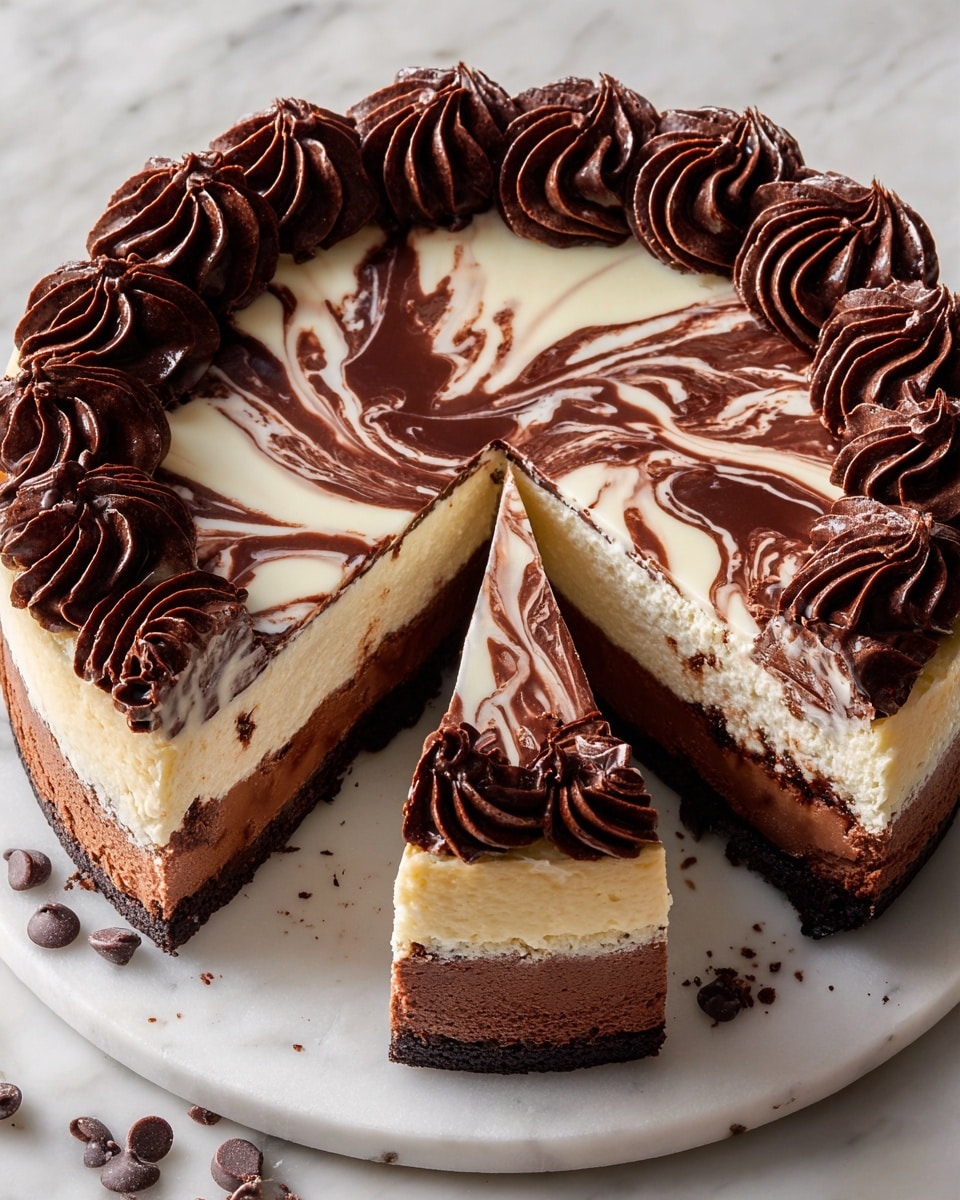 A round dessert sits on a white marble surface, cut into several slices with three slices slightly separated. The bottom layer is a dark, moist chocolate cake, topped by a creamy light brown mousse, then a thick white creamy layer. The top has a swirled pattern of white and dark chocolate with smooth, glossy texture. Around the edge are large piped swirls of rich chocolate frosting, and smaller chocolate chip decorations form a border around the cake. Some chocolate chips are scattered loosely on the marble around the cake. photo taken with an iphone --ar 4:5 --v 7