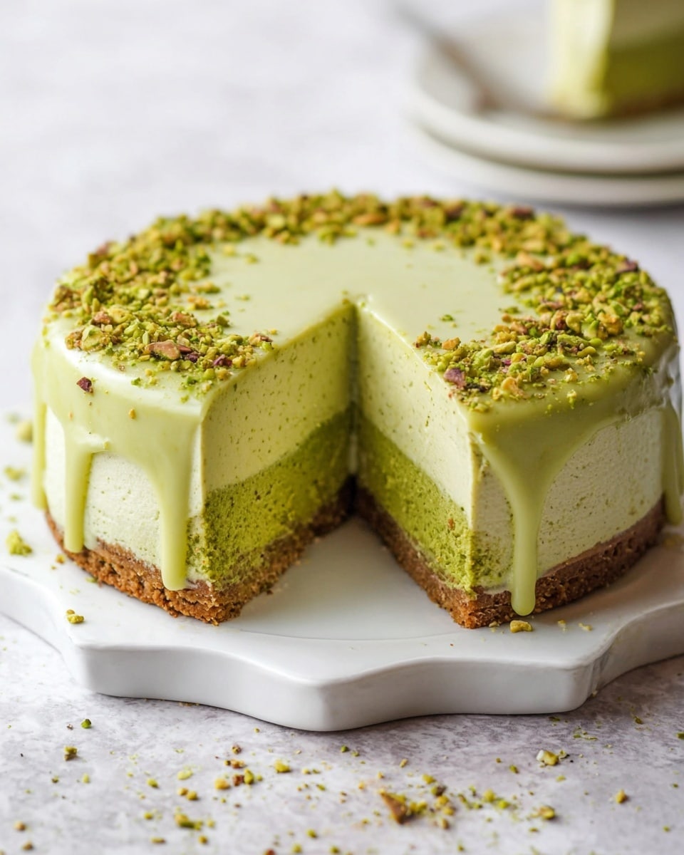 A single slice of pale green cheesecake with three layers sits on a white plate with a detailed edge, placed on a white marbled surface with a lace cloth underneath. The bottom layer is a thick, crumbly brown crust, the middle layer is a dense and smooth light green cheesecake filling, and the top layer is a slightly lighter green creamy frosting that drips a little down one side. The top is sprinkled with crushed green and brown pistachio pieces, both on the cake and around the plate. In the background, a blurred full cheesecake and a small bowl of pistachios create a soft atmosphere. Photo taken with an iphone --ar 4:5 --v 7