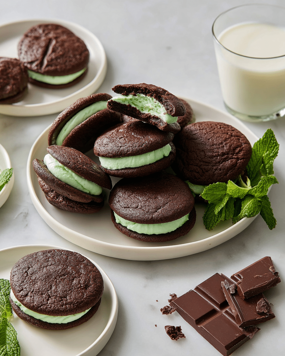 A white round plate holds several dark brown chocolate sandwich cookies, each with a thick, smooth layer of bright green mint cream filling in the middle, making two layers per cookie. One cookie on top has a bite taken out, showing the soft texture of the chocolate and the creamy green filling. Fresh green mint leaves rest on the plate beside the cookies, adding a pop of natural color. Nearby, broken pieces of dark chocolate bar are placed on a white marbled surface. A clear glass filled with milk is positioned above the plate, and two more cookies are on smaller white plates around the main plate. The whole scene is lit softly, enhancing the rich textures and colors. photo taken with an iphone --ar 4:5 --v 7