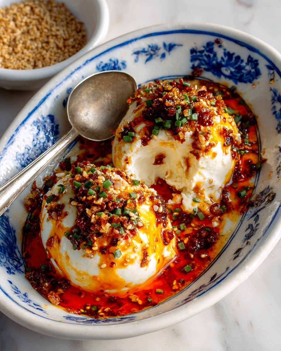 The image shows two soft white cheese balls placed in a deep white bowl with blue floral patterns inside, sitting on a white marbled surface. Each cheese ball is drizzled generously with a bright orange-red chili oil sauce that pools lightly at the bottom, topped with small dark brown crispy bits, white sesame seeds, and finely chopped fresh green chives. The cheese appears creamy and slightly textured, with one ball partially broken open, revealing its soft inside mixed with the sauce. A vintage silver spoon is resting inside the bowl, slightly touching one cheese ball. In the background, there is a white bowl filled with a mix of sesame seeds and chili oil. Photo taken with an iphone --ar 4:5 --v 7