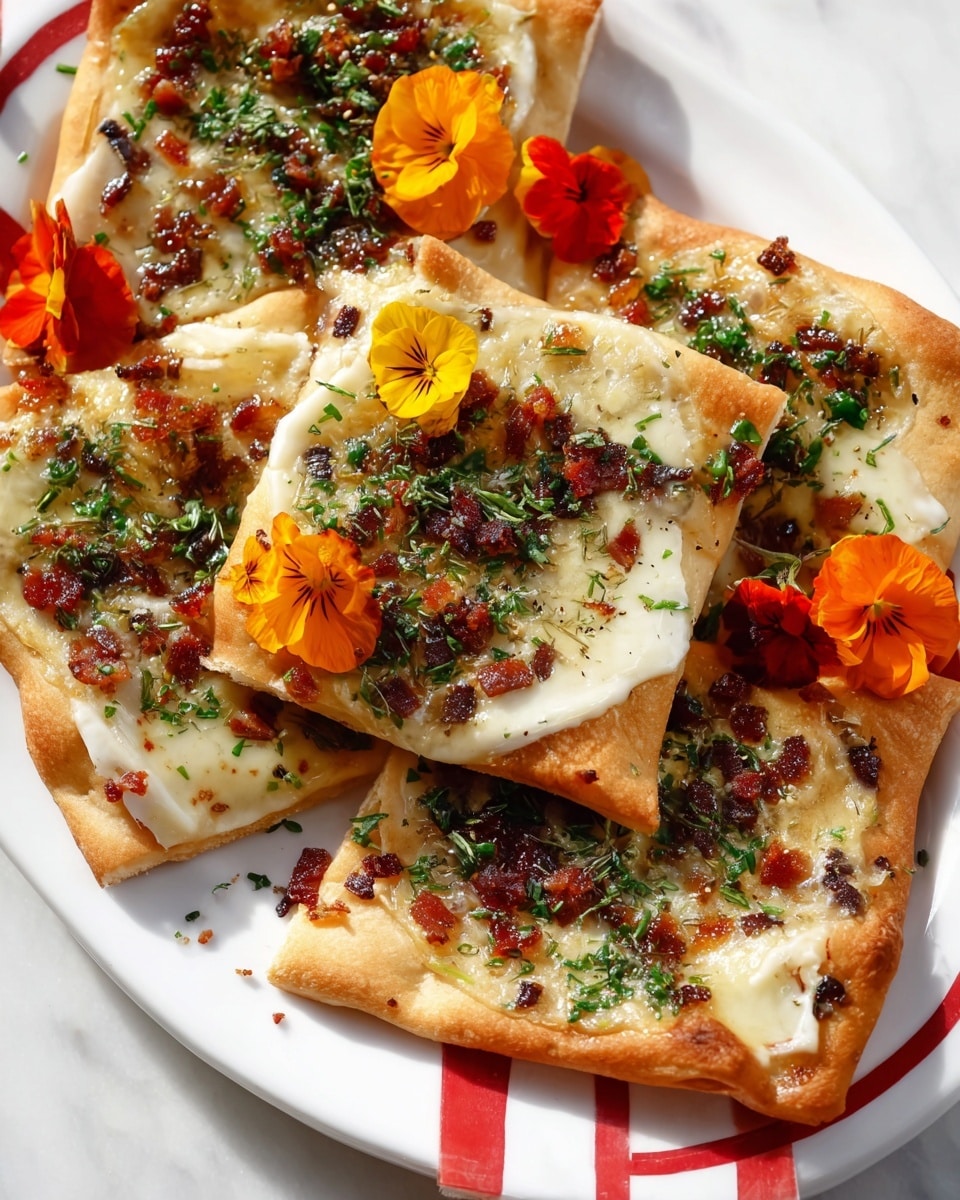 The image shows square flatbreads with a golden-brown crust, each topped with melted creamy cheese that has a smooth, shiny texture. There are scattered bits of crispy bacon and finely chopped green herbs sprinkled generously on top. Some flatbreads have thin slices of white cheese layered under the melted cheese. Edible orange and yellow flowers are used as decoration, adding a bright touch. The flatbreads are served on a white plate with a red stripe near the edge, placed on a white marbled surface. photo taken with an iphone --ar 4:5 --v 7