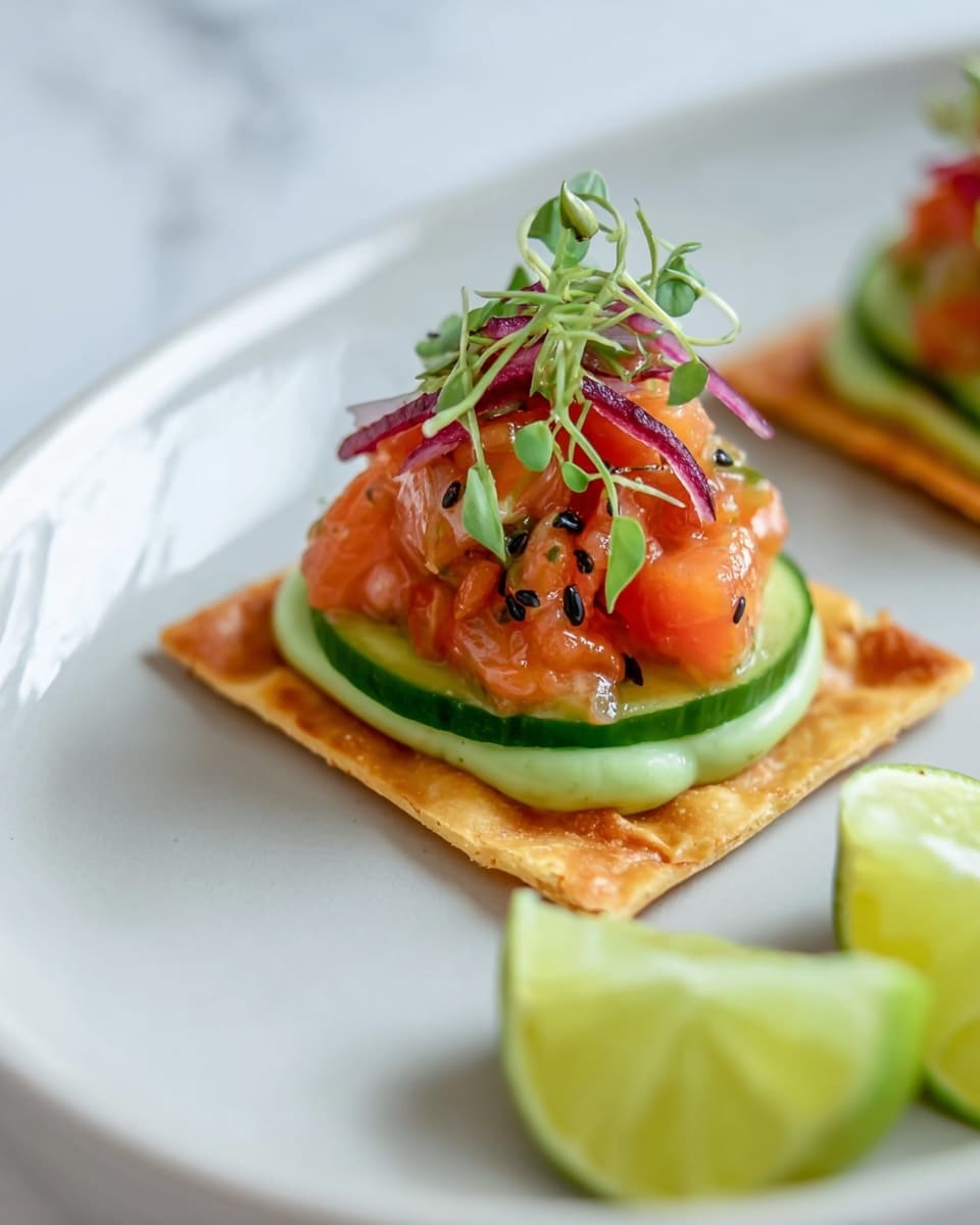 The image shows a white plate with a small square crispy base that is golden-brown with a slightly crinkled texture. On top, there is a layer of thin, bright green cucumber slice, followed by a light green creamy dollop. Above this sits a stack of small, chunky pieces of orange-pink salmon mixed with thin red slices of onion, black sesame seeds, and tiny green microgreens adding a fresh touch. In the corner of the plate are two lime wedges with a vibrant green color. The setting is on a white marbled surface. photo taken with an iphone --ar 4:5 --v 7