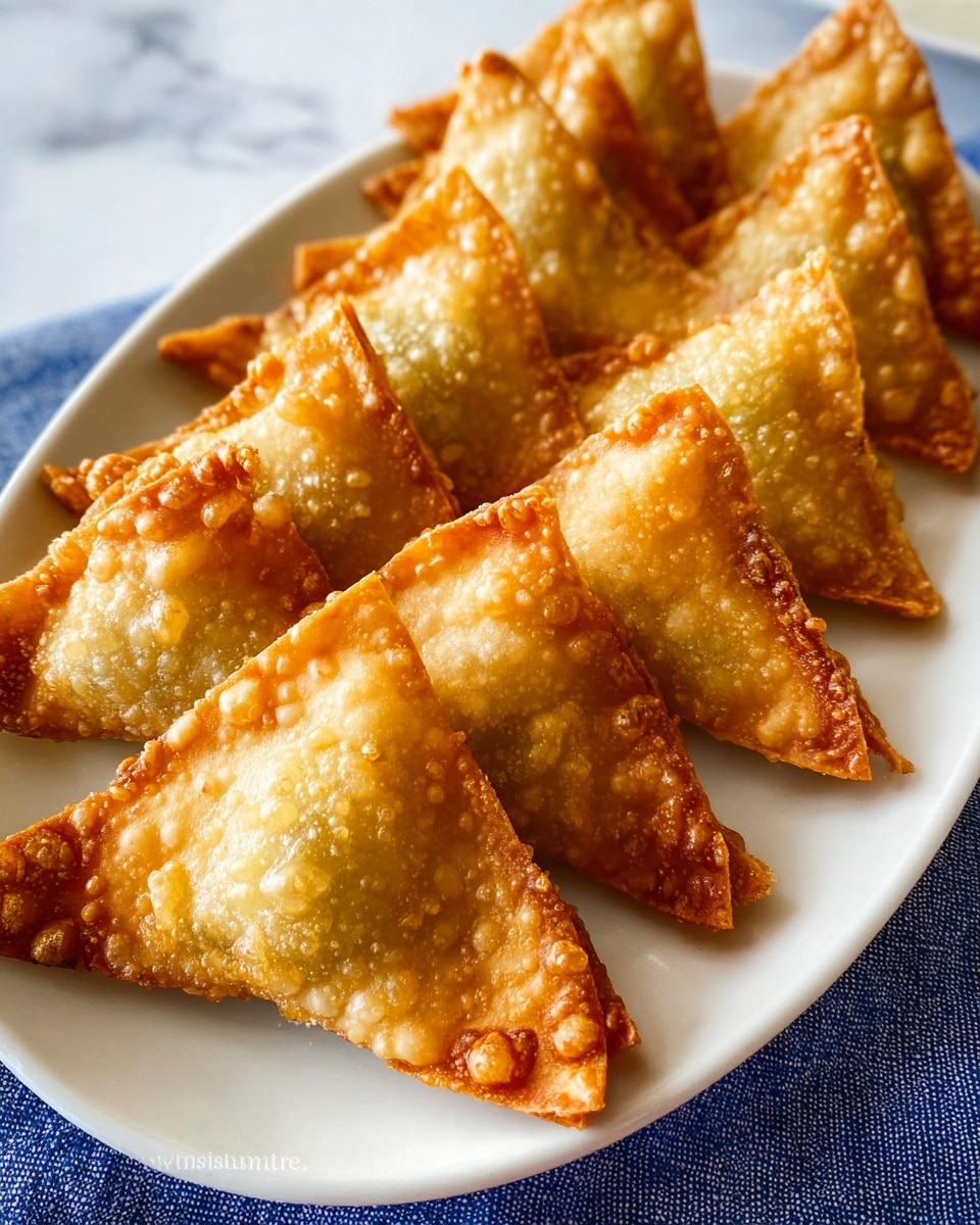 A white plate with seven crispy golden-brown fried dumplings arranged in a neat row. Each dumpling is triangular with bubbled, crunchy textures on the surface, showing a mix of light and darker fried areas. They are placed on a white marbled surface with a glimpse of a partially visible blue cloth in the background. The lighting highlights the crunchy texture and golden color of the dumplings. photo taken with an iphone --ar 4:5 --v 7