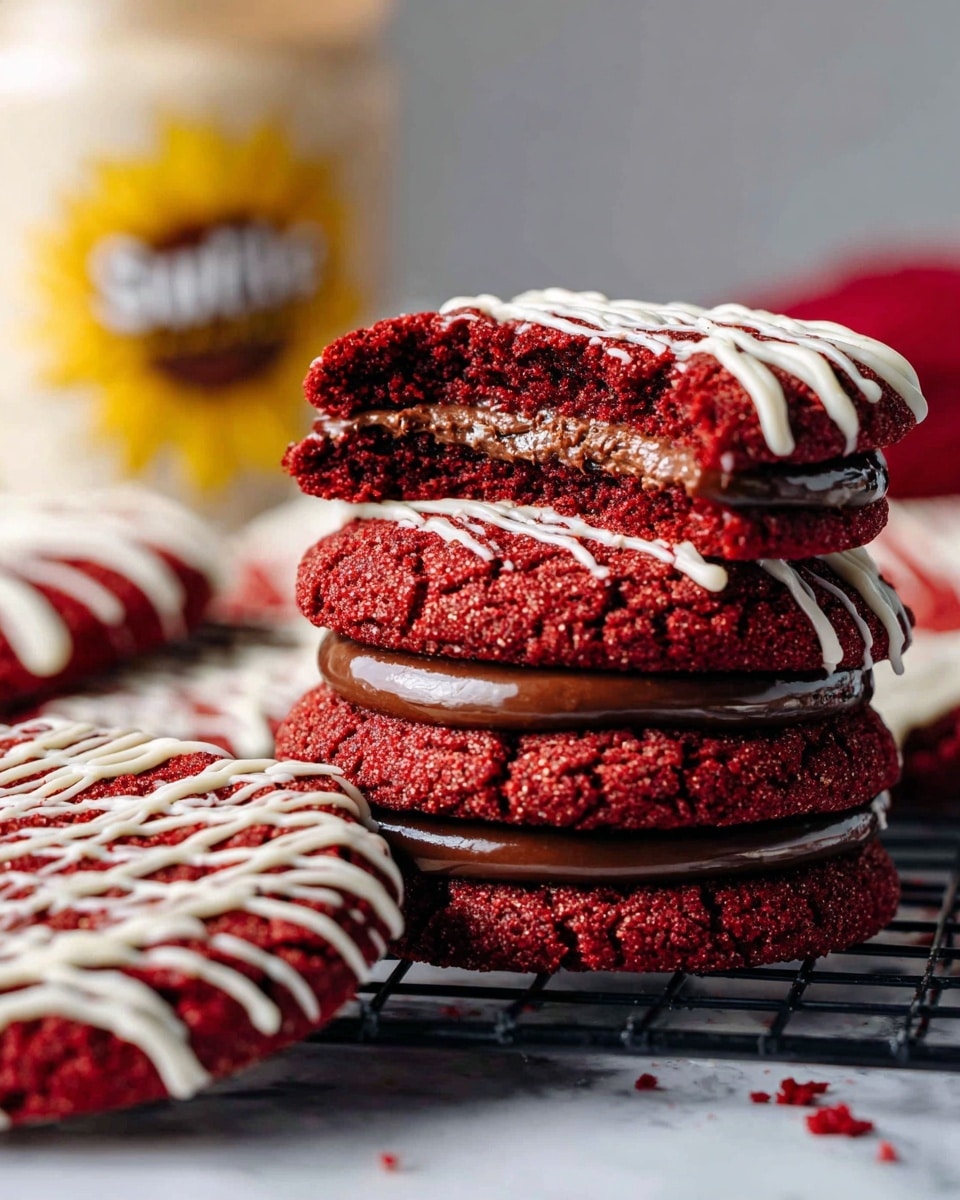 A close-up view of a stack of three thick red velvet cookies with chocolate filling layers in between, showing a deep red color with a soft, slightly crumbly texture. The stack rests on another whole red velvet cookie that has thin white icing drizzled in a zigzag pattern. In the background, there is an out-of-focus jar with a sunflower logo. The cookies are placed on a black wire rack on top of a white marbled surface. The overall look is rich and inviting with a focus on the layered red and dark brown colors and the white drizzle on top. Photo taken with an iphone --ar 4:5 --v 7