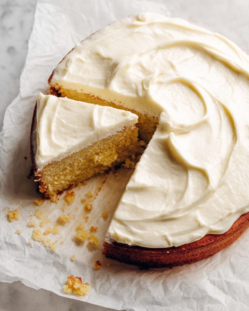A one-layer yellow cake with a golden brown edge and soft, moist texture topped with a thick layer of smooth white frosting that has light swirled patterns. One slice is removed showing the crumb inside, and some crumbs and frosting remain on the white marbled surface beneath the cake. The cake rests on white parchment paper. photo taken with an iphone --ar 4:5 --v 7