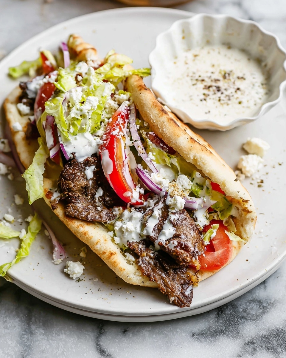A white plate holds a pita sandwich with three visible layers: the soft, light beige pita bread folded to hold the filling, a middle layer of dark brown grilled meat slices with a crispy texture, and a top layer of fresh, shredded light green lettuce mixed with slices of red tomato and thin purple onion. The sandwich is drizzled with a white creamy sauce and sprinkled with small pieces of white crumbly cheese. Around the plate, there are scattered bits of lettuce and cheese. Next to the sandwich on the same plate is a small white bowl with a gray patterned edge filled with a white creamy sauce speckled with black pepper, a white spoon resting inside it. The surface beneath the plate is a white marbled texture with a striped towel and flatbread partly visible at the top right. photo taken with an iphone --ar 4:5 --v 7