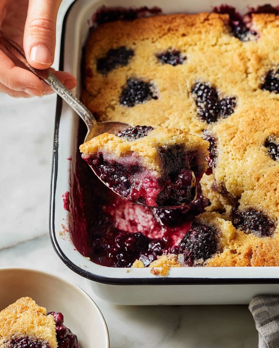 A close-up image of a baked blackberry cobbler in a white enamel baking dish with black trim, showing a golden-brown crust on top dotted with baked blackberries. The cobbler has two main layers: a thick, soft, and slightly crumbly yellow crust on top, and a juicy, deep purple blackberry filling underneath. A silver spoon is scooping a mix of crust and blackberry filling from the corner, revealing the rich, syrupy texture of the berries below the crust. The spoonful shows both the cracked, browned surface and the moist, dark purple berry filling with whole blackberries visible. The baking dish sits on a white marbled surface. A woman's hand is holding the spoon. At the bottom is a white bowl with a portion of the cobbler inside. photo taken with an iphone --ar 4:5 --v 7