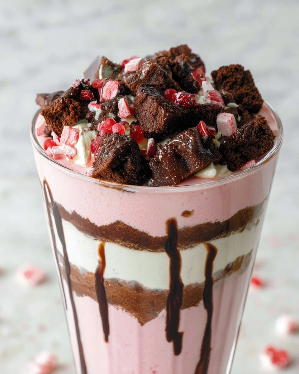 A tall glass dessert with four visible layers sits on a white marbled surface. Starting from the bottom, the first layer is light pink and smooth, followed by a thin dark chocolate drizzle above it. The third layer is thick white cream, and another thick layer of light pink cream sits on top. The dessert is topped with a generous pile of dark brown brownie chunks, scattered with small red and white candy pieces. A dark chocolate sauce is drizzled over the brownie pieces, adding shine and texture. Photo taken with an iphone --ar 4:5 --v 7