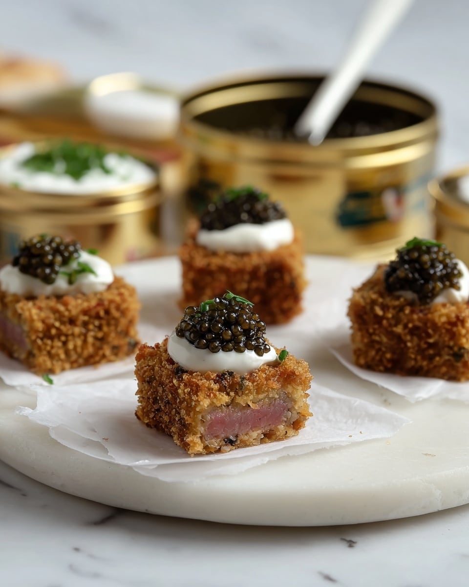 The image shows three appetizers on a white plate placed on a white marbled surface. Each appetizer has two layers: the bottom is a round, golden-brown, crispy rice cake with a textured surface, and the top is a thick, seared white scallop with a browned crust on top. On each scallop, there is a small slice of bright red chili and tiny green chopped herbs, adding color contrast. The background features green leaves softly blurred. Photo taken with an iphone --ar 4:5 --v 7