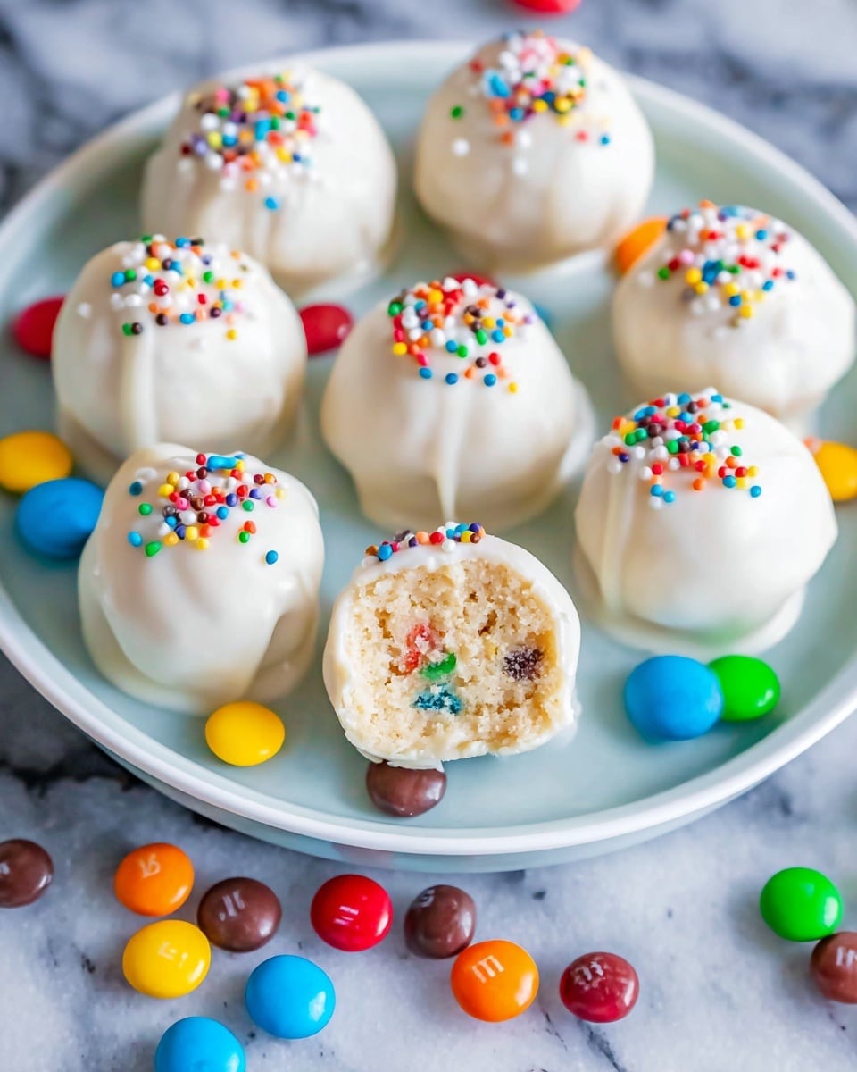 There are eleven round cake balls on a white plate, each covered with smooth white icing and topped with small, colorful round sprinkles. One cake ball is cut in half, showing a beige interior filled with small, colorful candy pieces inside. Around the cake balls, scattered small round candies add bright yellow, orange, red, green, blue, and brown colors. The plate sits on a white marbled surface. photo taken with an iphone --ar 4:5 --v 7