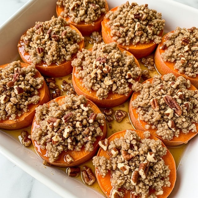This image shows several thick orange sweet potato slices arranged closely together in a white dish, each topped with a crumbly, light brown streusel layer mixed with pecan chunks, creating a textured topping. The sweet potatoes have a soft, baked surface with slight caramelization at the edges, and the streusel topping looks crunchy and sugary with visible nut pieces. There is a glossy syrup pooling slightly around the bottom of the sweet potato slices, adding a shiny, sticky look. The dish is placed on a white marbled surface. photo taken with an iphone --ar 4:5 --v 7