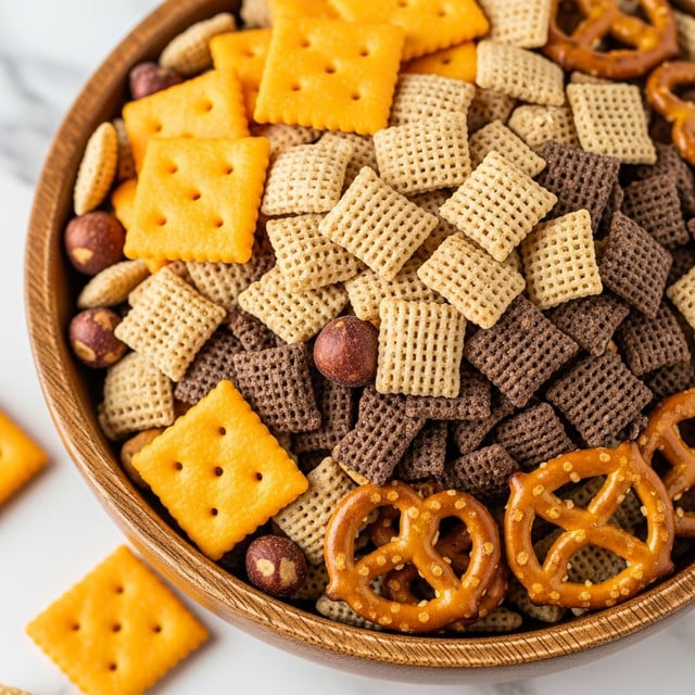 A close-up image of a wooden bowl filled with a mixed snack. The snack has several layers with different shapes and textures: orange square cheese crackers with small holes, light brown and dark brown square woven cereal pieces, small round brown nuts, and small pretzels with a shiny brown surface. The bowl is placed on a white marbled surface with one cheese cracker piece outside the bowl near the bottom left. The image focuses on the texture and color contrast of the snack. photo taken with an iphone --ar 4:5 --v 7