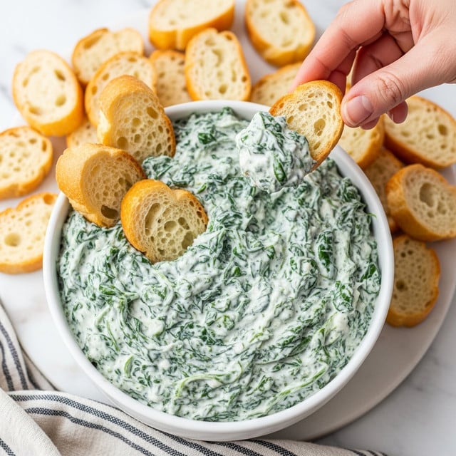 A close-up view of a white bowl filled with creamy spinach dip, showing a thick and textured mix of dark green cooked spinach and white creamy cheese. The bowl is surrounded by many small slices of toasted light golden baguette bread, some placed inside the bowl standing vertically. A woman's hand is holding one baguette slice with a dollop of the dip on it, ready to eat. The whole setup is on a white marbled surface with a soft striped cloth partially visible at the bottom. photo taken with an iphone --ar 4:5 --v 7
