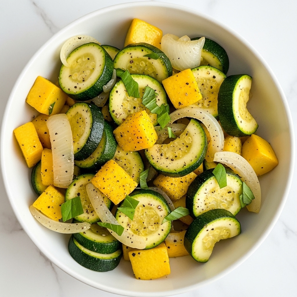 The image shows a close-up of a vegetable dish in a white bowl against a white marbled background. The dish has three main layers: chunks of bright yellow squash, slices of green zucchini with dark green skin, and pieces of translucent white onion. The vegetables are mixed evenly, with small green herb pieces scattered on top and mixed throughout. There are visible specks of black pepper on the vegetables, adding texture. The overall look is fresh and colorful with soft, cooked vegetables. photo taken with an iphone --ar 4:5 --v 7