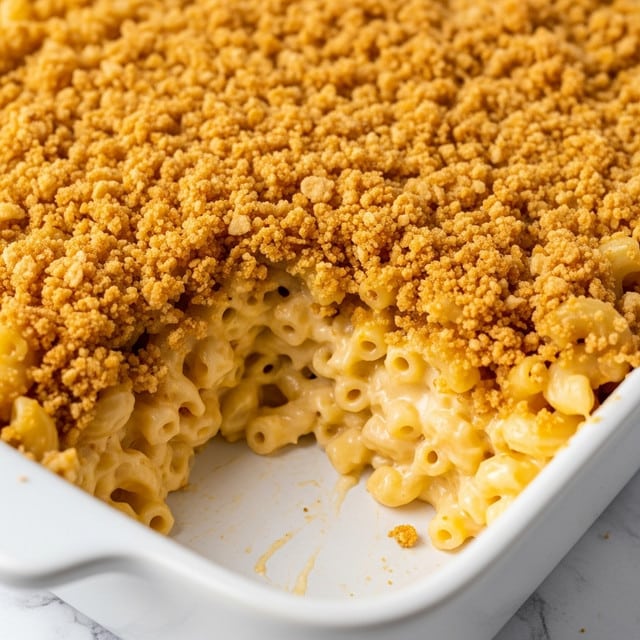 The image shows a close-up of a creamy macaroni and cheese casserole in a white dish with a visible scoop taken out from one corner. The top layer is a thick, crunchy coating of golden-brown crushed cornflakes or breadcrumbs with a rough texture. Below that is a rich, smooth, pale yellow cheese sauce mixed with soft, curved pasta noodles, giving a gooey, melted appearance. The white dish contrasts with the warm yellow tones of the casserole, set against a white marbled textured surface. The filling looks creamy and dense, with the crispy topping fractured around the edges of the scooped-out section. photo taken with an iphone --ar 4:5 --v 7