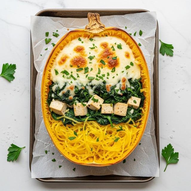 A baked spaghetti squash half is filled with three layers: the bottom layer is bright yellow spaghetti squash strands filling the shell; the middle layer contains pieces of white tofu and fresh green spinach mixed inside; the top layer is creamy white melted cheese with light brown toasted spots, sprinkled with chopped green parsley. The squash sits on a sheet of parchment on an aged baking tray, all placed on a white marbled surface with scattered parsley leaves and coarse salt around. Photo taken with an iphone --ar 4:5 --v 7