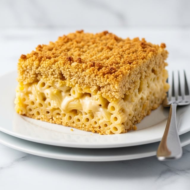 A white plate holds a generous square slice of baked macaroni and cheese. The top layer is a thick, golden-brown crust made of crunchy crumbs that look crispy and textured. Beneath the crust is a creamy, pale yellow layer of melted cheese mixed with elbow macaroni, visible just under the crunchy top. The slice sits on another white plate stacked below, and a silver fork rests beside the dish on the right side. The background features a white marbled surface, adding a clean and bright feel to the scene. Photo taken with an iphone --ar 4:5 --v 7
