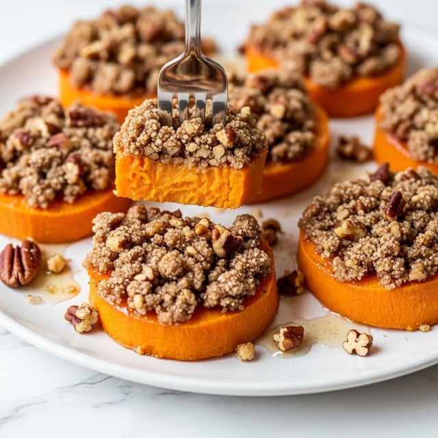The image shows several rounds of bright orange sweet potatoes topped with a crumbly, golden-brown mixture of nuts and sugar, placed on a white plate with a white marbled surface underneath. Each sweet potato piece is thick and has a smooth texture with a slightly glossy surface, suggesting they are baked. The topping looks crunchy with bits of pecans and a sugary, cinnamon-spiced crust that covers the top layer of each round. A fork pierces one sweet potato piece in the center, lifting it slightly above the others, showing the inside as soft and moist. There are small nut pieces and a light shiny glaze spread around the plate. Photo taken with an iphone --ar 4:5 --v 7
