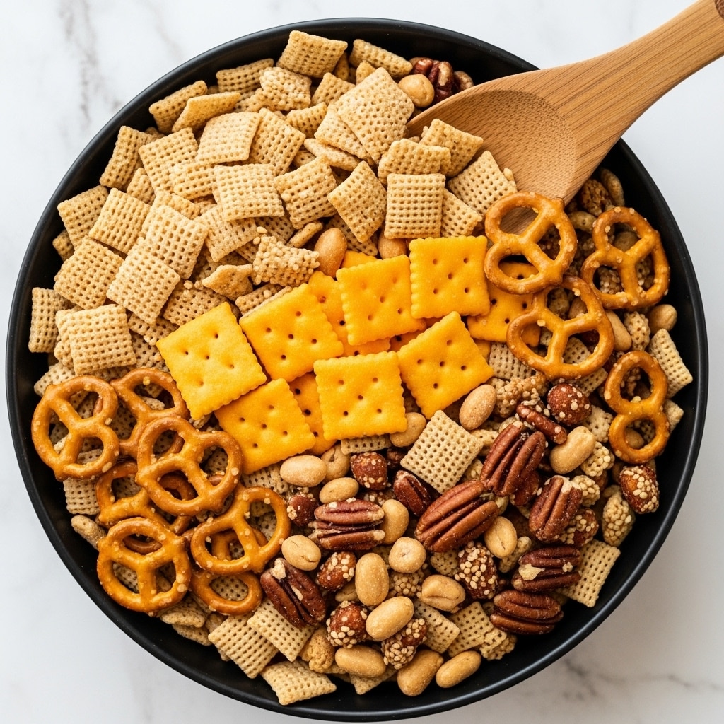 A close-up top view of a snack mix in a black bowl on a white marbled texture. The mix has several layers and types of snacks: light brown, square waffle-cut cereal pieces with a slightly rough texture scattered all over; bright orange square cheese crackers forming a few patches; small crunchy pretzels in a golden-brown color placed around the cereal and crackers; mixed nuts including sesame-coated peanuts and larger brown pecan halves scattered unevenly. A wooden spatula is partly visible, resting on the snack mix from the top right, adding a natural texture contrast. The scene is well-lit, showing the crunchy details of all snack types. photo taken with an iphone --ar 4:5 --v 7