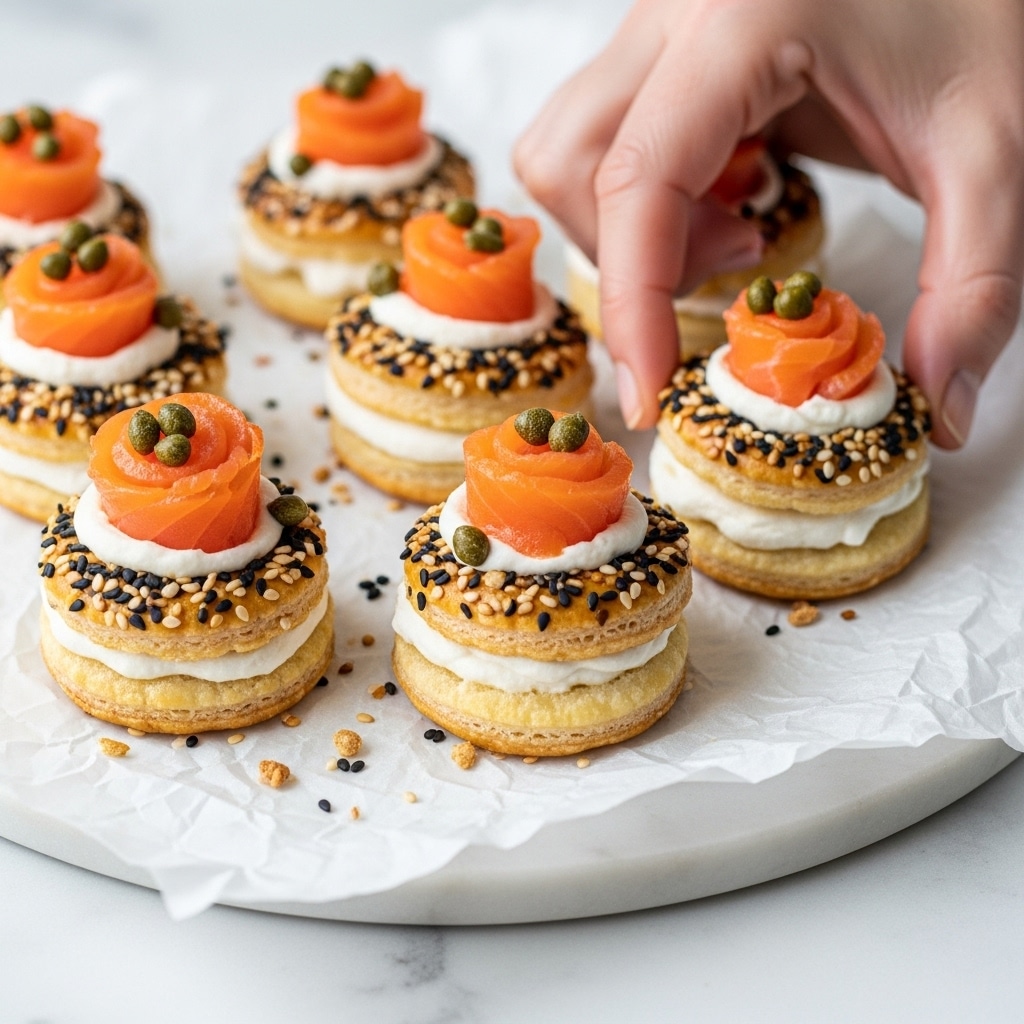 The image shows small round puff pastry appetizers topped with three visible layers: the base layer is golden puff pastry with a crispy texture covered in a mix of black and white sesame seeds and other small crunchy toppings, the middle layer is a smooth white creamy spread, and the top layer is a small rose-shaped piece of orange smoked salmon with green capers scattered on top, all placed on crinkled white parchment paper on a white marbled surface. A woman's hand is gently picking one of the appetizers. photo taken with an iphone --ar 4:5 --v 7