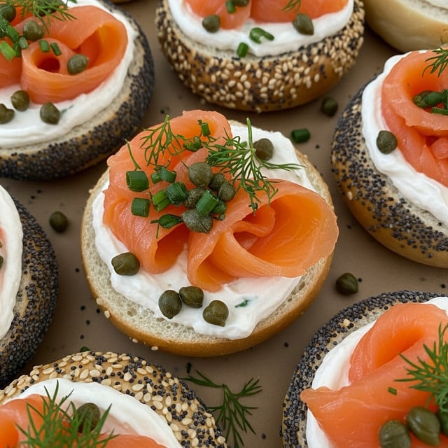 The image shows several small round bagels topped with sesame seeds and black poppy seeds on their edges. Each bagel has a white creamy layer in the center, topped with a bright orange slice of smoked salmon that is folded and curled. Over the cream and salmon, there are small green capers scattered along with a few minced green herbs for garnish. The bagels are placed directly on a light brown surface with a few sprigs of fresh dill nearby. The overall look is colorful and fresh, with textures from the seeds and smooth cream visible. photo taken with an iphone --ar 4:5 --v 7