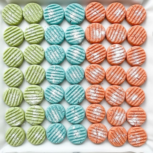 A baking tray holds a large, neat grid of small round cookies arranged in rows and columns on white parchment paper, divided into three color groups: pale green cookies on the left, light blue cookies in the middle, and soft coral-orange cookies on the right. Each cookie is flat with evenly spaced fork marks pressed into the dough creating a striped texture on the surface, and a light dusting of white flour powder scattered lightly over many of them. The cookies have slight cracks and a matte, soft texture. The background is a white marbled texture. photo taken with an iphone --ar 4:5 --v 7