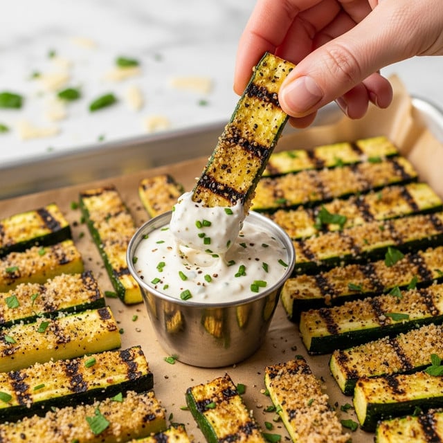 The image shows a close-up of a grilled zucchini stick being dipped into a small metal cup filled with thick, creamy white sauce sprinkled with green herbs. The zucchini piece has a golden-brown, slightly charred surface with herbs and black pepper visible on it. The tray beneath is lined with brown paper and holds many more grilled zucchini sticks with the same color and texture. The background is a white marbled surface with bits of grated cheese and herbs scattered around. A woman's hand is dipping the zucchini into the sauce. photo taken with an iphone --ar 4:5 --v 7