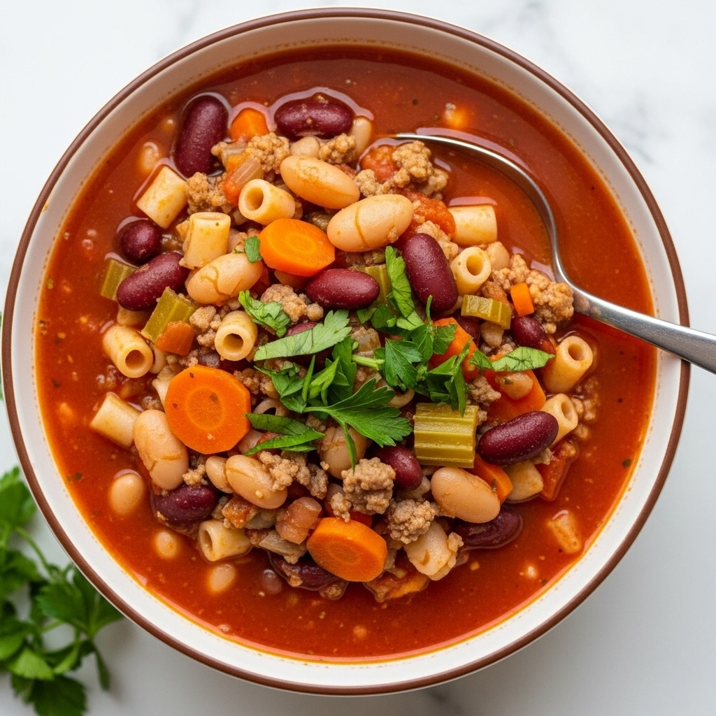A white bowl with a brown rim holds a thick soup full of layers: the bottom layer is a rich red tomato broth, floating above are chunky pieces of white cannellini beans, red kidney beans, small cylindrical noodles, diced orange carrots, green celery, and bits of cooked ground meat mixed throughout. Bright green parsley pieces are scattered on top, adding color contrast. A silver spoon rests inside the bowl on the right side. The bowl sits on a white marbled surface with green parsley in the lower left corner. photo taken with an iphone --ar 4:5 --v 7
