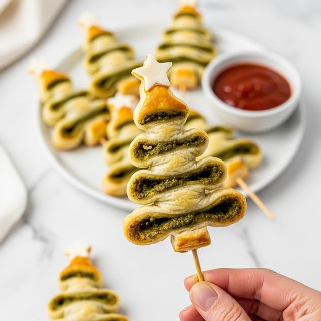 A close-up view of a skewer held by a woman's hand showing a pastry shaped like a Christmas tree with three wavy, golden-baked layers filled with a green pesto sauce, topped with a small white cheese star at the peak. In the background, there is a white plate with more of these pesto pastry trees and a small white bowl of red dipping sauce, all set on a white marbled surface. Photo taken with an iphone --ar 4:5 --v 7