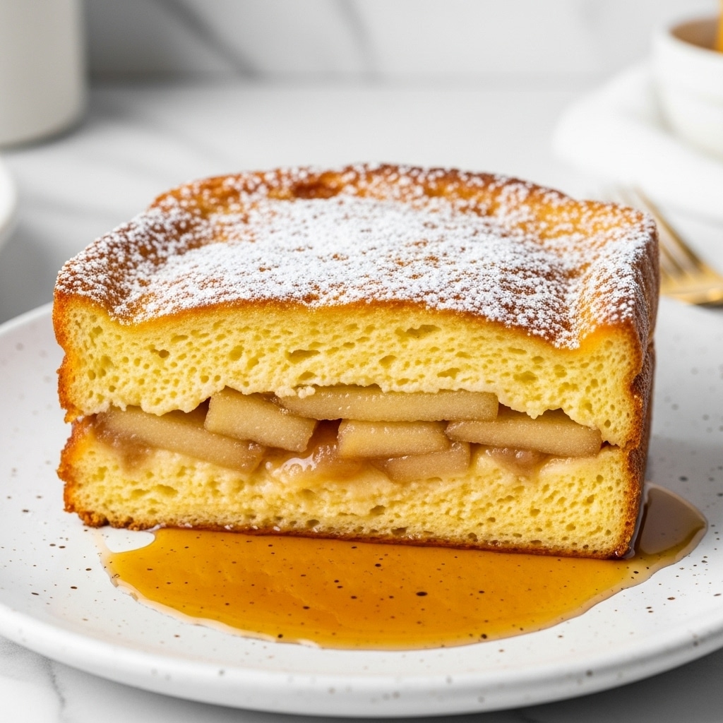A thick slice of golden brown baked French toast with a slightly crispy surface dusted with powdered sugar sits on a white speckled plate. Inside, there are soft layers of cooked apple slices visible in the middle, surrounded by fluffy, yellowish custard-like toast layers. A pool of maple syrup spreads beneath the slice, adding a shiny texture and warm amber color to the plate. The background shows a white marbled texture with blurred kitchen elements. photo taken with an iphone --ar 4:5 --v 7