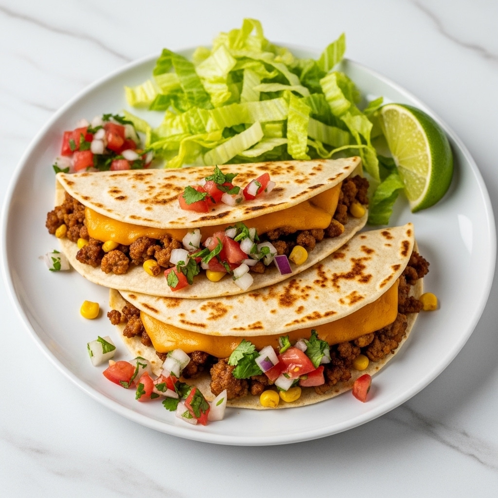 The image shows two folded tacos on a white plate, each taco with three main layers: a soft, lightly browned tortilla on top with a slightly crisp texture, a middle layer of melted orange cheese, and a bottom layer of browned ground meat mixed with some corn. The tacos are topped with a fresh salsa made of small diced red tomatoes, white onions, and green cilantro, scattered over both the tacos. Beside the tacos, there is a bright green pile of shredded lettuce and a light green lime wedge. The plate rests on a clean white marbled surface, with some extra salsa scattered around. Photo taken with an iphone --ar 4:5 --v 7