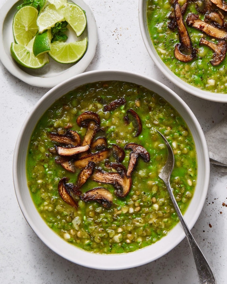 A top view of two white bowls filled with thick green soup that has visible grains of rice and lentils mixed in. Each bowl is topped with several slices of cooked shiitake mushrooms that have a brown, slightly crispy look. One bowl has a silver spoon lowered inside, partially submerged in the soup. Nearby, there is a small white dish holding lime wedges, placed on a white marbled surface. The scene has bright, natural lighting. photo taken with an iphone --ar 4:5 --v 7
