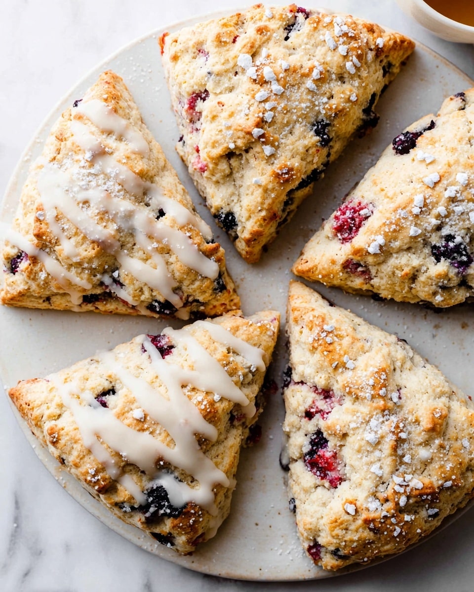 A close-up view of many triangular scones arranged on a white marbled surface, each scone showing a golden-brown top with a slightly rough texture; some have a shiny white glaze drizzled unevenly across their surface, while others have a light dusting of powdered sugar. Inside the scones, various dark blueberries and small bits of red fruit are visible, giving specks of deep purple and red through the light golden dough. Scattered fresh blueberries lie around the scones, adding a pop of dark blue color against the white background. The overall look is rustic and inviting, with a mix of smooth glaze and coarse baked texture highlighting each scone. photo taken with an iphone --ar 4:5 --v 7