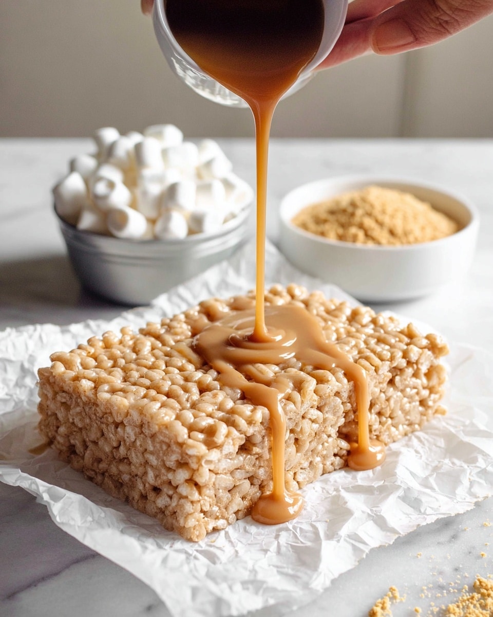 The image shows a single thick layer of light tan crispy rice treat made with puffed rice cereal mixed in a sticky marshmallow base, resting on crumpled white paper. A woman's hand is pouring a smooth, golden caramel sauce from a small white cup over the top, with the sauce dripping down the sides of the rice treats. In the background, there are two small white metal bowls, one filled with mini white marshmallows and the other with golden brown crushed crumbs, all placed on a white marbled surface. The lighting is soft and natural, highlighting the shiny texture of the caramel. photo taken with an iphone --ar 4:5 --v 7