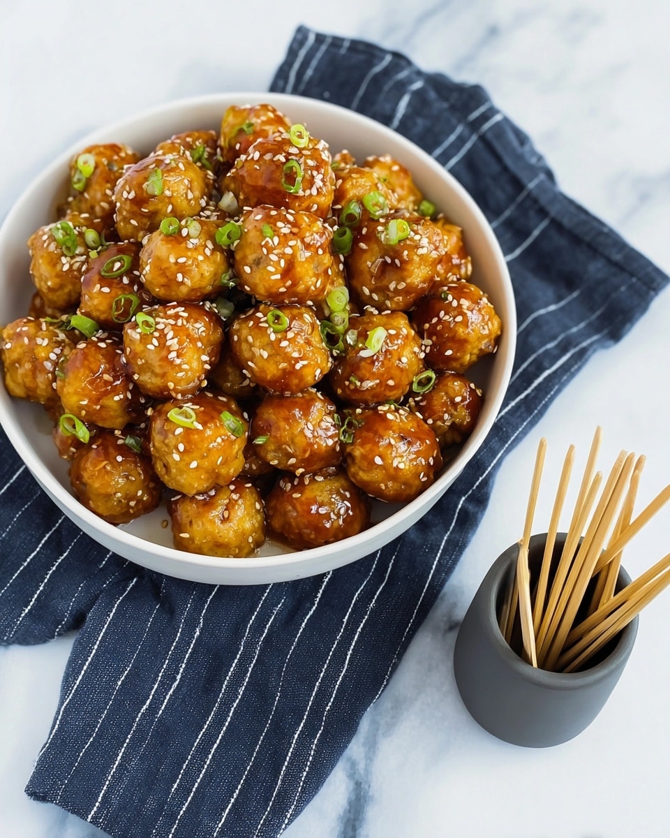 A white bowl filled with many small, round meatballs covered in a shiny golden-brown sauce, sprinkled with white sesame seeds and small pieces of green onion on top. The bowl sits on a dark blue cloth with thin white stripes, all placed on a white marbled surface. Next to the bowl is a small dark grey cup holding multiple light wooden toothpicks arranged neatly inside. photo taken with an iphone --ar 4:5 --v 7