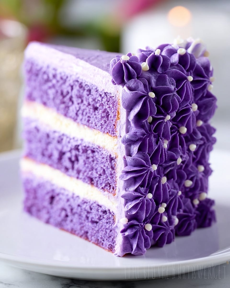 A slice of cake with three layers of soft purple sponge separated by thin layers of light purple frosting, topped and covered on one side with decorative flower-shaped purple frosting, each flower having a small white center. The cake sits on a white plate, with a soft white marbled background that is slightly blurred to highlight the cake. Photo taken with an iphone --ar 4:5 --v 7