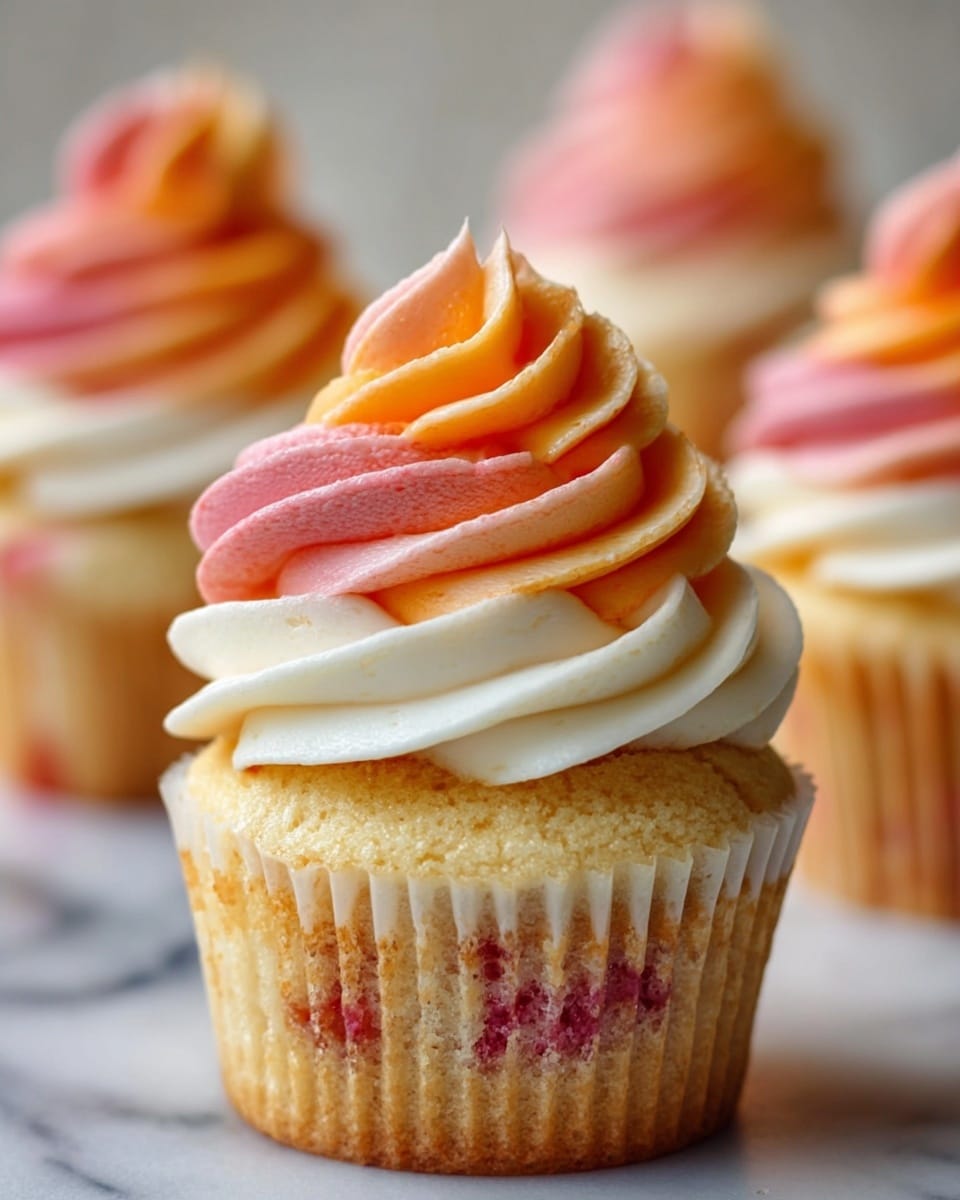 The image shows a close-up of a cupcake with two layers of frosting swirled on top. The cupcake base is light golden with small bits of red fruit mixed inside. The first layer of frosting is white and creamy, sitting directly on the cupcake. Above this is a thicker swirl of frosting that blends orange and pink shades, creating a soft gradient effect. There are two other similar cupcakes blurred in the background on a white marbled surface. photo taken with an iphone --ar 4:5 --v 7