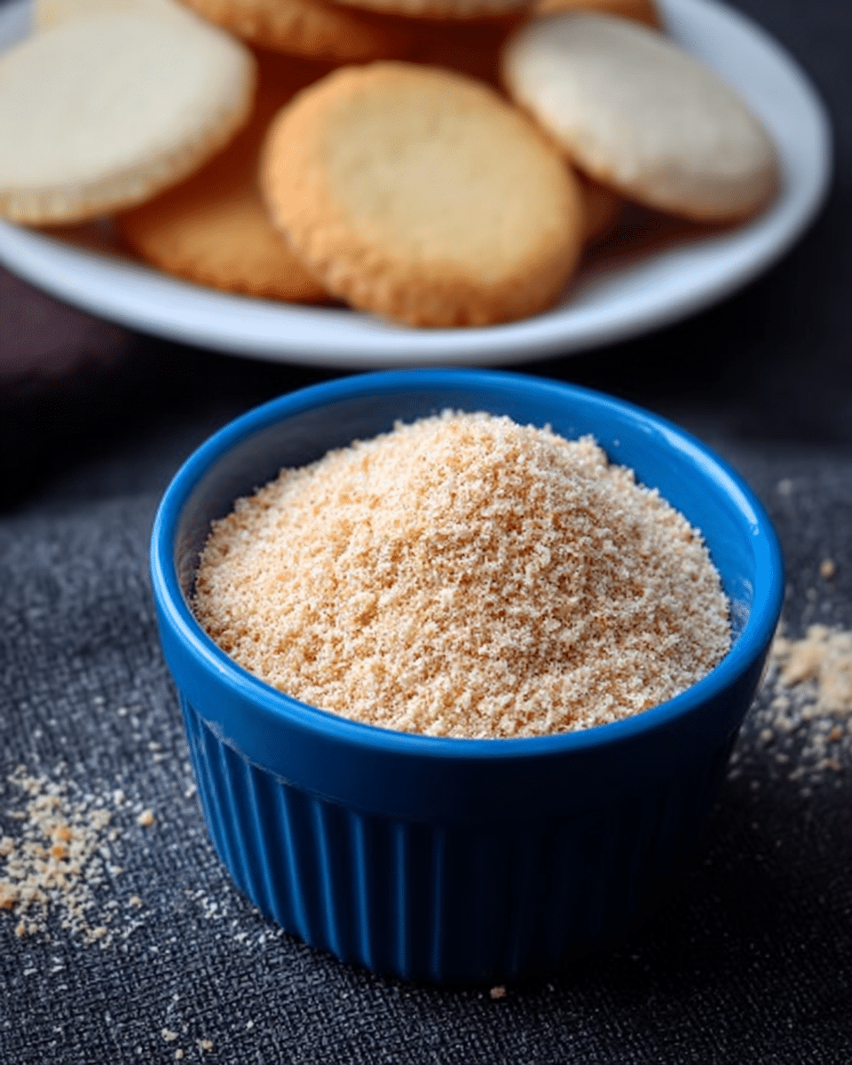 The image shows a close-up of a small blue bowl filled with light brown, finely ground breadcrumbs with a crumbly texture. Behind the bowl, there is a white plate with several round biscuits or cookies, varying slightly in color from pale cream to golden brown, arranged loosely. The setting includes a dark textured surface underneath, and the background is softly blurred. photo taken with an iphone --ar 4:5 --v 7