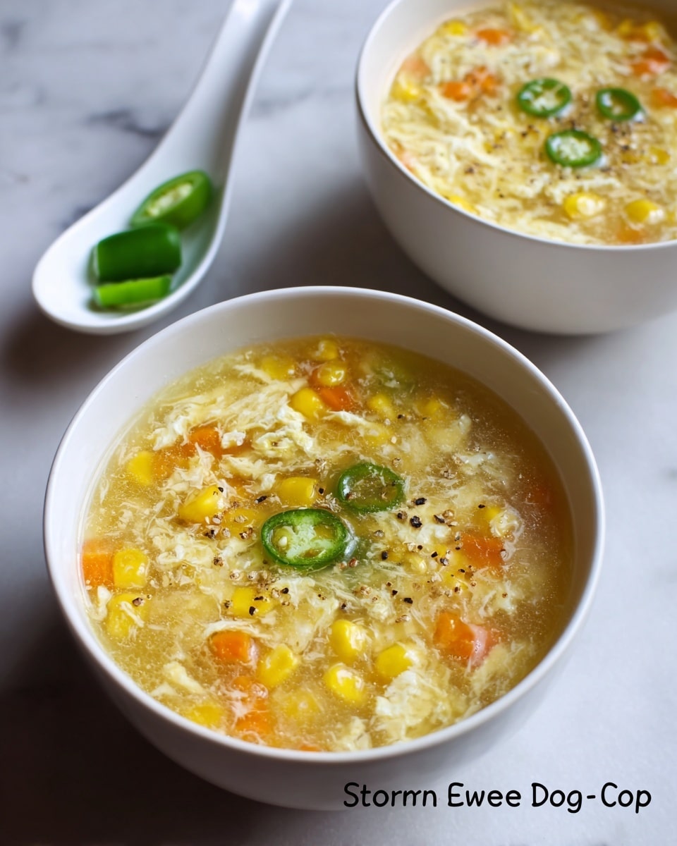 Two white bowls filled with sweet corn egg drop soup sit on a white marbled surface. Each bowl has a thick broth that is pale yellow with visible pieces of soft, fluffy white egg ribbons floating throughout. Small diced orange carrot bits and pale yellow corn kernels are evenly spread in the soup. Thin slices of green chili pepper float on top of the soup, sprinkled lightly with black pepper. Behind one bowl, there is a white soup spoon holding a green chili pepper. The lighting emphasizes the warm, comforting texture of the soup. Photo taken with an iphone --ar 4:5 --v 7