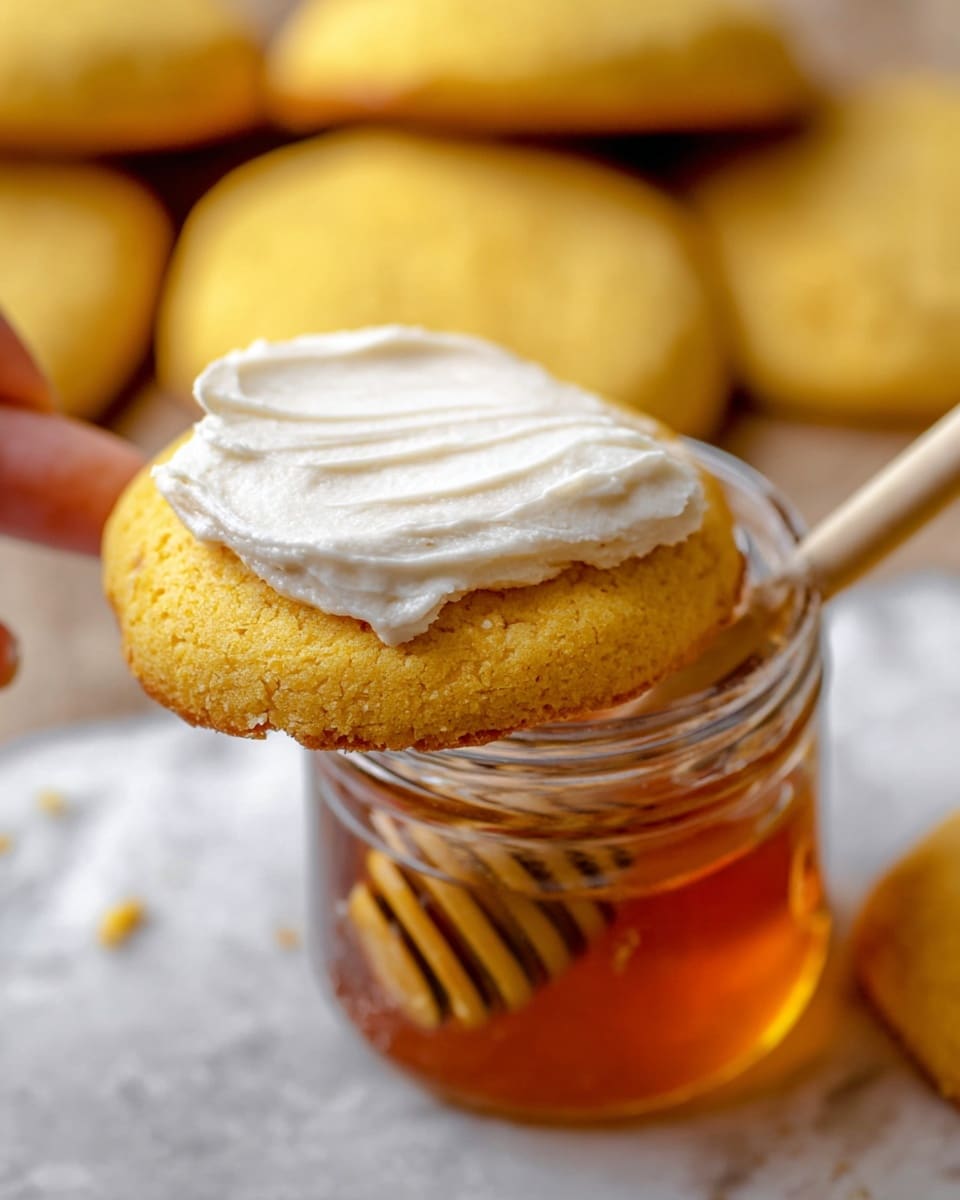 A close-up shot shows a thick, golden-yellow cookie with a soft, crumbly texture held by a woman's hand. The cookie is topped with a smooth, creamy layer of white frosting spread evenly on the top. Below it, there is a clear glass jar filled with rich amber honey, with a wooden honey dipper resting inside the jar. The background features more golden cookies placed on a white marbled surface. photo taken with an iphone --ar 4:5 --v 7