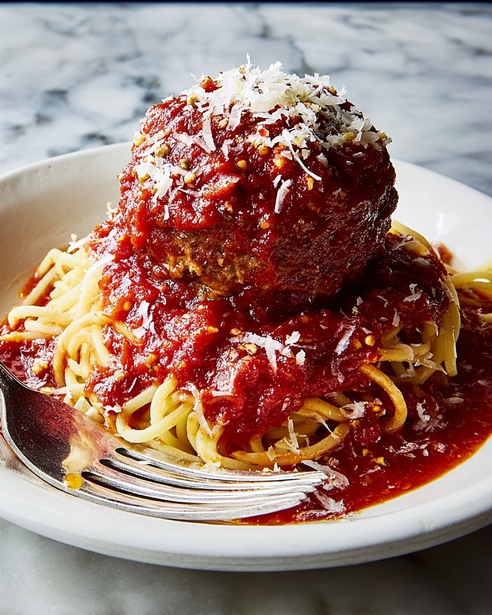 A single large meatball covered in thick red tomato sauce sits in the middle of a white plate, with the rich sauce spreading out unevenly around it. The meatball's surface shows a textured mix of browned meat and bits of herbs under the wet, glossy sauce. A silver fork rests on the right edge of the plate, its handle angled toward the bottom right corner. The plate is placed on a white marbled surface. photo taken with an iphone --ar 4:5 --v 7