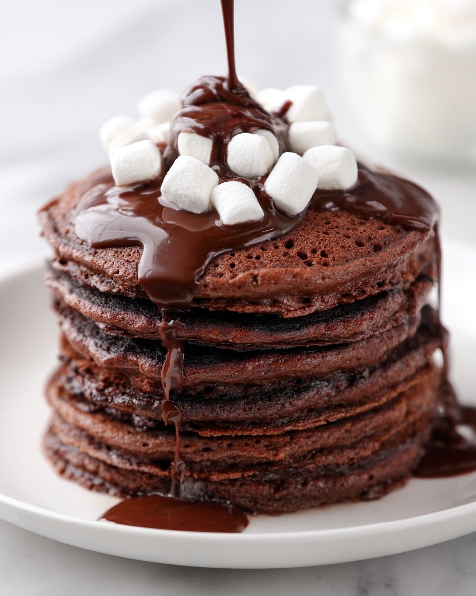 A stack of six thick, dark brown chocolate pancakes is placed on a white plate, each layer showing a rich, slightly rough texture with small air holes. A smooth, glossy dark chocolate sauce pours generously over the top pancake, slowly dripping down the sides of the stack. On the very top, a small pile of white mini marshmallows adds contrast and softness to the dark colors below. The white marbled surface beneath the plate adds a clean and bright look to the scene. Photo taken with an iphone --ar 4:5 --v 7
