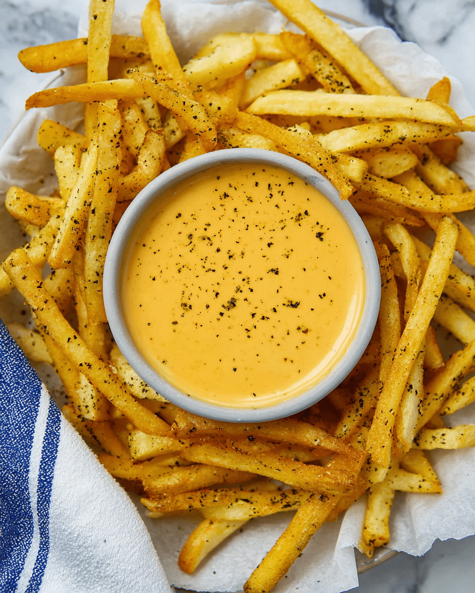 A round light gray bowl filled with smooth, creamy orange cheese sauce with a few black pepper specks on top sits in the center of a white flat surface. Around the bowl, there is one thick layer of golden brown French fries, some sprinkled with black pepper and seasoning, arranged loosely with some fries dipping into the cheese sauce. The white flat surface underneath has a white marbled texture and is partially covered by white parchment paper and a blue and white striped cloth on the side. Photo taken with an iphone --ar 4:5 --v 7
