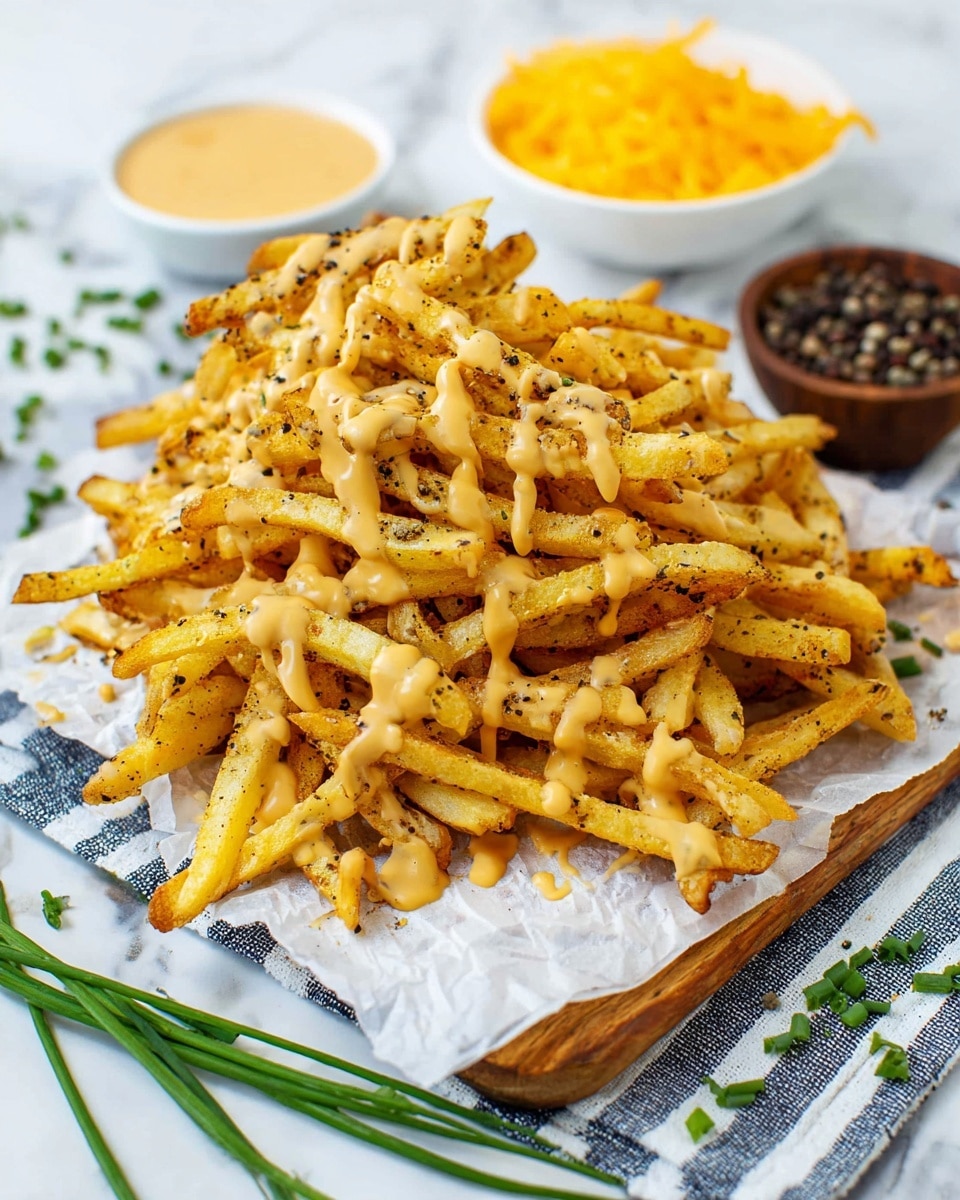 A pile of golden, crispy French fries is stacked on a white paper placed over a white and blue striped cloth on a wooden board. The fries have a slightly rough texture with some darker seasoned spots, and they are generously drizzled with a creamy, light orange cheese sauce that glistens under the light. In the background, there is a small white bowl filled with shredded bright orange cheese and a small light brown bowl containing black peppercorns, all placed on a white marbled textured surface. Fresh green chives are scattered around the scene, adding a touch of color. photo taken with an iphone --ar 4:5 --v 7