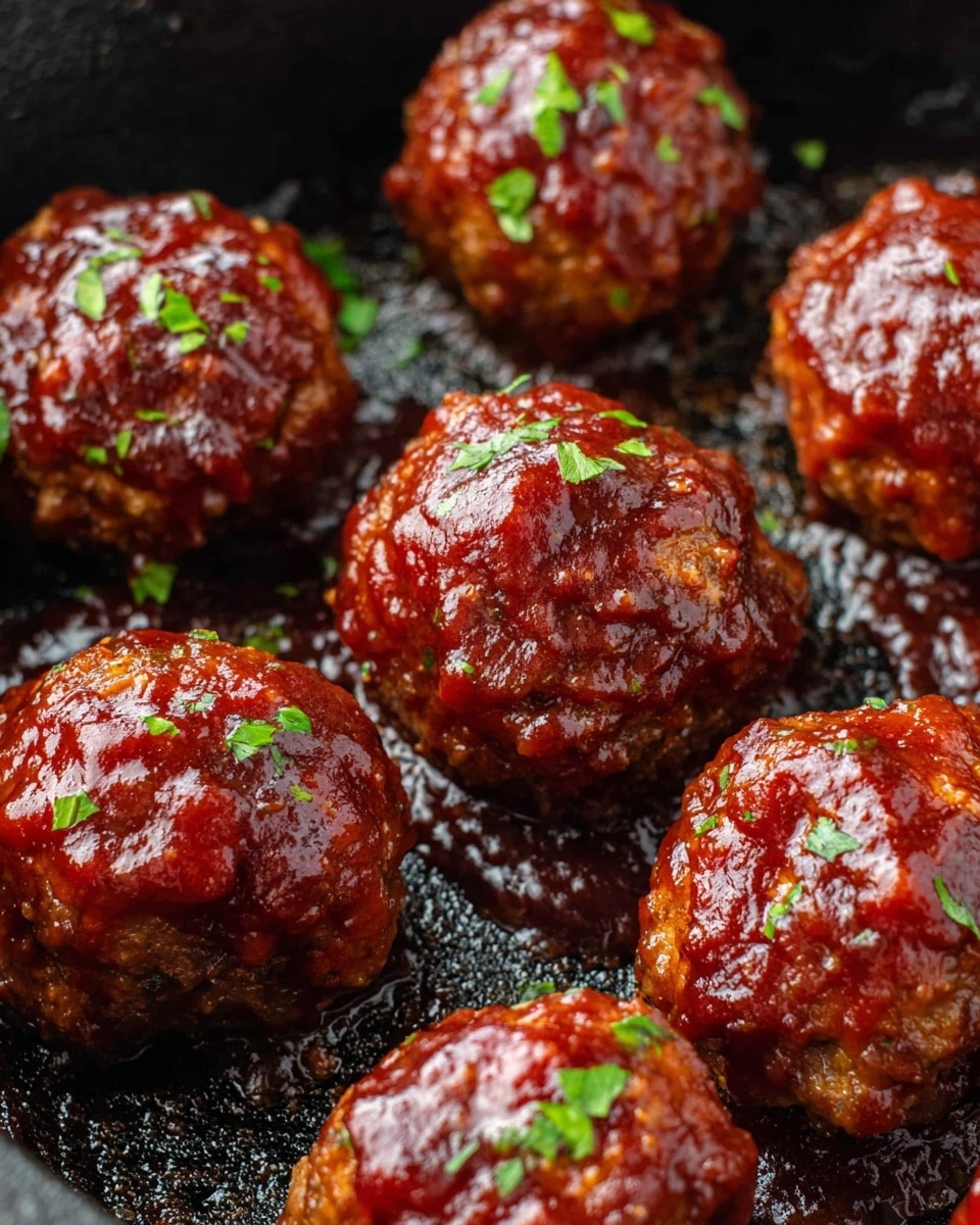 The image shows several meatballs in a black pan. Each meatball has a thick, shiny layer of deep red barbecue sauce on top, with small bits of sauce texture visible. Bright green small herb pieces are sprinkled over the sauce adding a fresh color contrast. The meatballs have a rough, cooked texture below the sauce layer, and the pan surface is slightly oily and textured with a black color. The meatballs are of similar size and arranged closely together. photo taken with an iphone --ar 4:5 --v 7